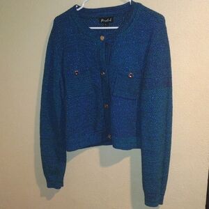 Marled Green Blue Metallic Knit Button Cardigan Sweater L